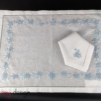 Placemat & Napkin set -baby mimosa flower embroidery (white/blue)